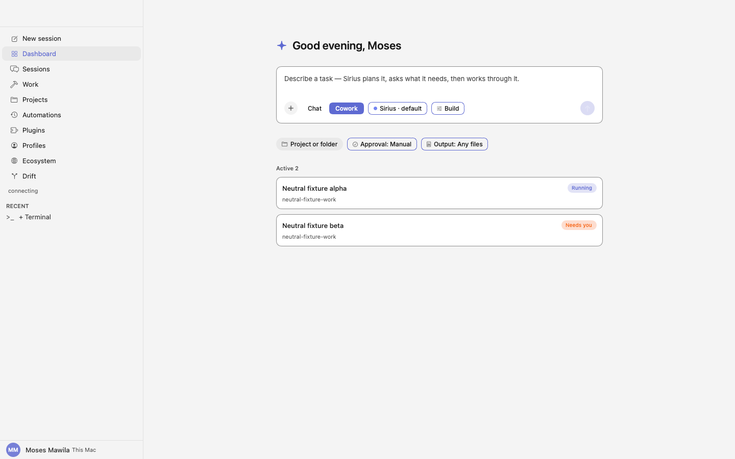 Sirius start workspace with the main composer and Chat/Cowork controls.