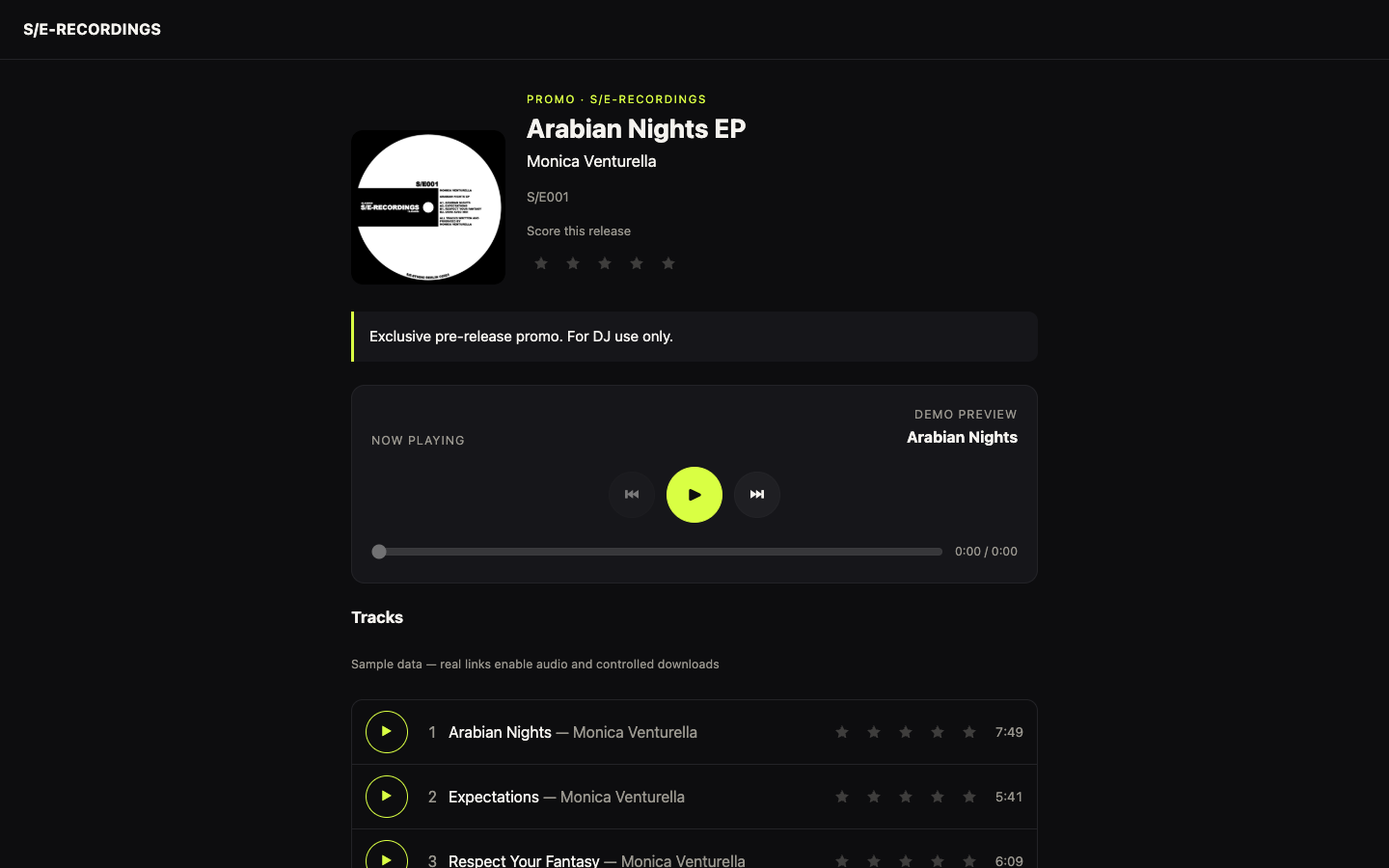 Testpress release player with artwork and a four-track promo playlist.
